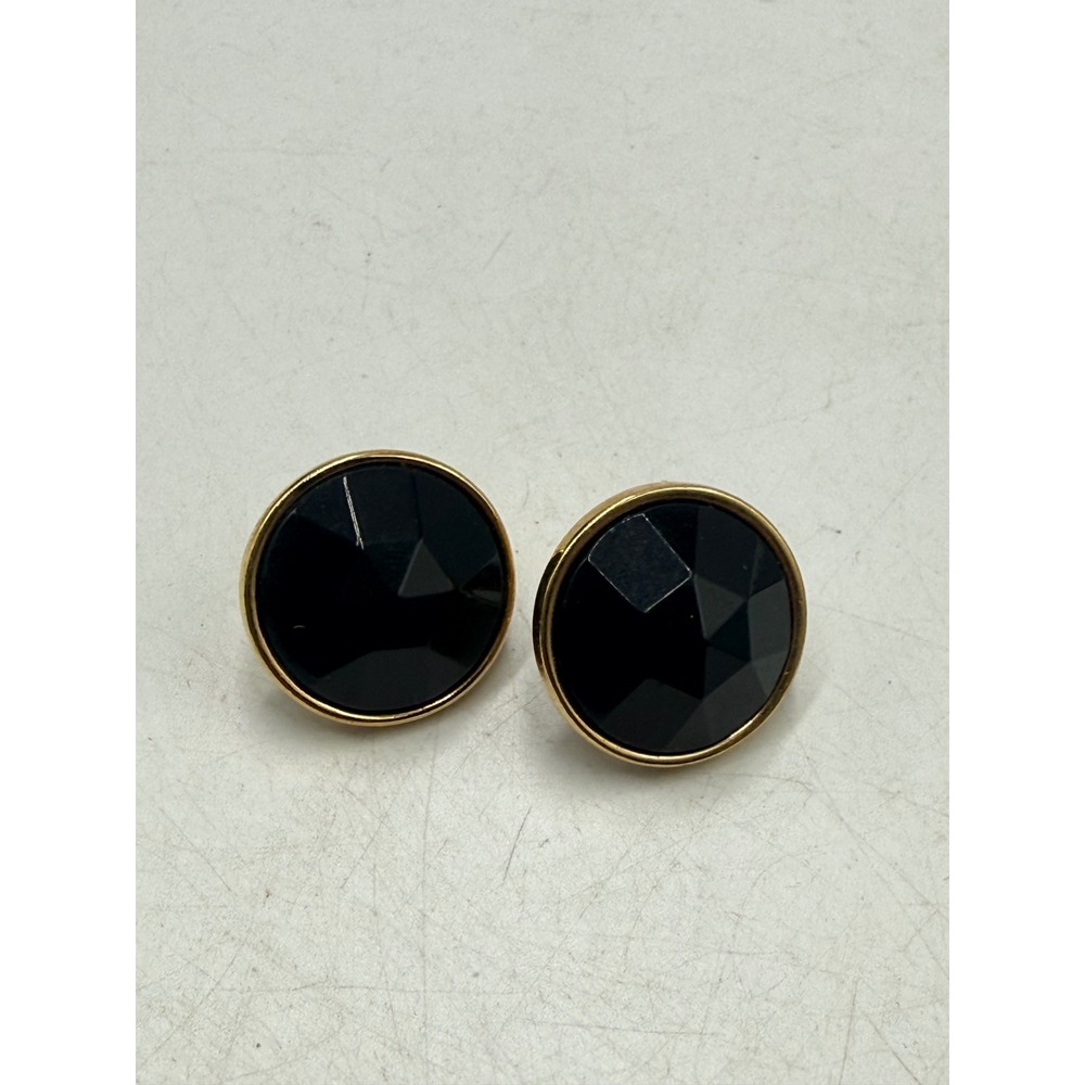 Vintage Black Faceted Button Clip On Earrings Gold Tone Round Retro Jewelry